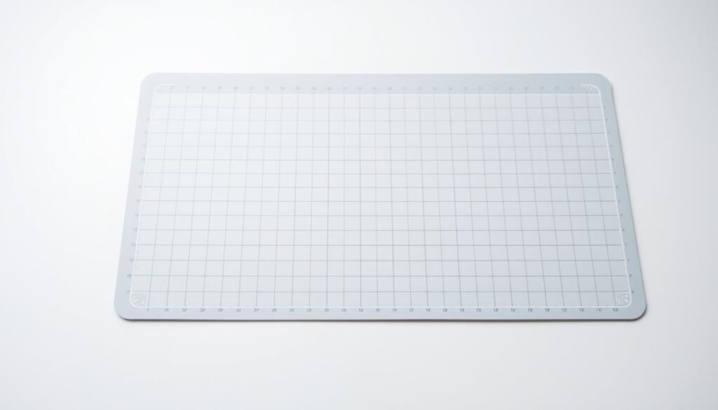 a clean, well-lit close-up photograph of a cricut cutting mat, placed on a flat surface with a plain white or light gray background. the mat should be neatly arranged and in focus, filling the majority of the frame. the surface of the mat should appear clean and free of debris, with the grid lines clearly visible. the lighting should be soft and even, creating subtle shadows that accentuate the texture and contours of the mat. the composition should be simple and straightforward, allowing the viewer to clearly see the details of the cricut mat.