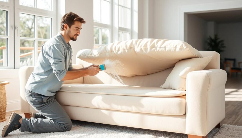 a clean, well-lit living room with a plush, light-colored sofa in the center. a person in casual clothing is kneeling beside the sofa, diligently scrubbing the fabric with a brush and cleaning solution. the sofa cushions are being lifted, revealing the hidden areas that are often overlooked during regular maintenance. the person's expression conveys focus and determination, as they work to thoroughly clean and restore the couch to its former pristine condition. the room is bright and airy, with natural light streaming in through large windows, creating a warm and inviting atmosphere. the scene captures the essence of a deep cleaning process, showcasing the care and attention required to keep a couch looking its best.
