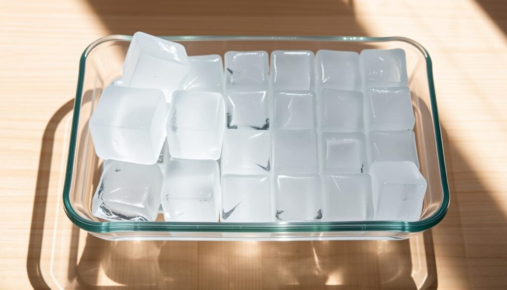 a clear glass tray filled with perfectly formed ice cubes, each cube with sharp, angular edges and a flawless, transparent appearance, the cubes arranged in a symmetrical grid pattern, the tray resting on a minimalist, wooden surface, bright natural lighting illuminating the cubes from above, creating a stunning, high-contrast effect that highlights the icy clarity, a simple, elegant composition that showcases the beauty and precision of these essential tools for making clear ice at home