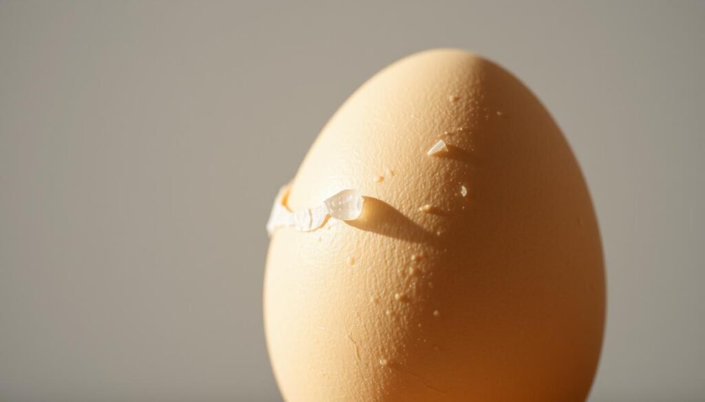 a close-up, macro shot of the intricate surface of a freshly washed chicken egg, illuminated by soft, natural lighting. the surface appears textured and finely detailed, with a delicate bloom or cuticle visible. the egg is positioned against a neutral, minimalist background, allowing the organic patterns and colors of the eggshell to be the central focus. the lighting is gently diffused, creating a sense of depth and dimension. the overall mood is one of quiet, understated elegance, highlighting the inherent beauty and complexity of the humble chicken egg.