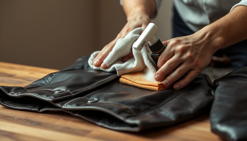 a close-up shot of a person's hands carefully cleaning a high-quality leather jacket using a soft cloth and a specialized leather cleaner, with the jacket resting on a wooden surface in the foreground, a neutral background with subtle lighting creating a warm, professional atmosphere, showcasing the attentive care and attention to detail required for proper leather jacket maintenance