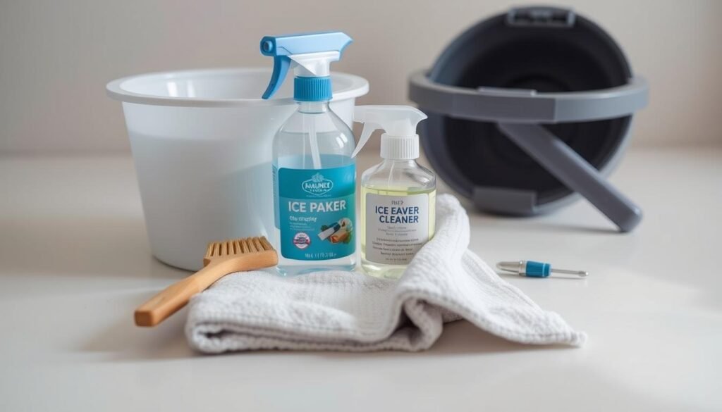 a closeup shot of various cleaning supplies for an ice maker, including a small bucket, a brush, a microfiber cloth, a bottle of ice maker cleaner, and a small screwdriver or tool, all arranged neatly on a light-colored, clean countertop or table, with soft, even lighting from the side illuminating the scene, capturing the textures and details of the items in a crisp, high-resolution image