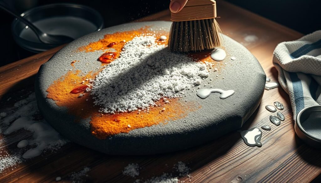 a deep, close-up shot of a pizza stone being thoroughly scrubbed and cleaned, with steel wool and a stiff brush removing stubborn baked-on food residue and stains. the stone is placed on a wooden surface, with warm soapy water and a dish towel nearby. strong, directional lighting illuminates the scene, casting dramatic shadows and highlights to emphasize the texture and gritty, industrial nature of the cleaning process. the overall mood is utilitarian and focused, conveying the importance of deep, thorough cleaning to maintain the integrity and performance of the pizza stone.