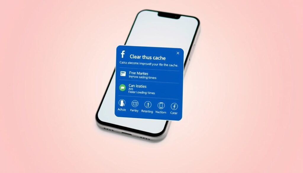 a detailed illustration of the benefits of clearing the cache on Facebook, showcasing a sleek, modern interface with clean lines and a minimalist aesthetic. The foreground features a smartphone screen displaying the Facebook app, with a pop-up window highlighting the various cache-clearing options. In the middle ground, a series of icons representing improved performance, faster loading times, and enhanced user experience. The background is a soft, gradient-based color palette, creating a sense of depth and emphasizing the technical nature of the subject matter. The overall mood is one of efficiency, productivity, and a streamlined digital experience.
