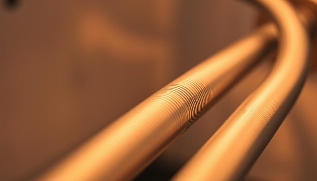 a detailed macro photograph of a water supply line, with a clean and minimalist design. the line is made of high-quality stainless steel, with a smooth, shiny surface that reflects the light. the line is positioned in the center of the frame, with a shallow depth of field that keeps the background blurred and out of focus. the lighting is warm and slightly diffused, creating a soft, even illumination that highlights the texture and material of the pipe. the overall mood is one of precision, functionality, and attention to detail, conveying a sense of professionalism and expertise in the field of home appliance repair and maintenance.