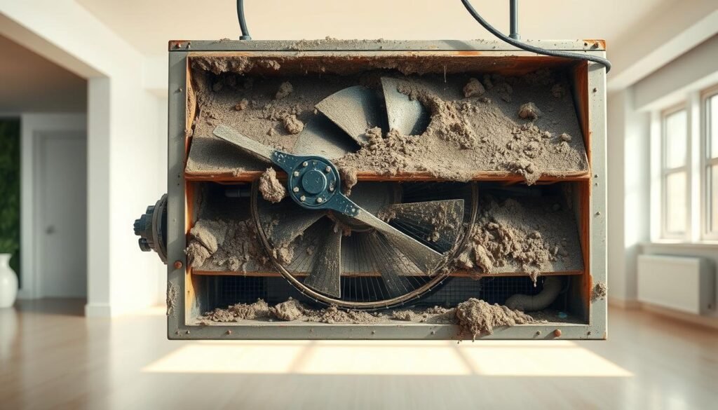 a detailed, realistic illustration of a dirty, dusty air conditioning unit, with visible buildup of debris and grime on the coils, filters, and fan blades, set against a well-lit, airy interior space with clean, bright walls and floors, highlighting the stark contrast between the neglected AC unit and the well-maintained surrounding environment, conveying the importance of regular cleaning and maintenance to ensure efficient and healthy operation of the AC system, captured from a slightly elevated angle with a wide, cinematic lens to emphasize the scale and impact of the scene, with a warm, inviting mood that encourages the viewer to take action and maintain their own AC unit