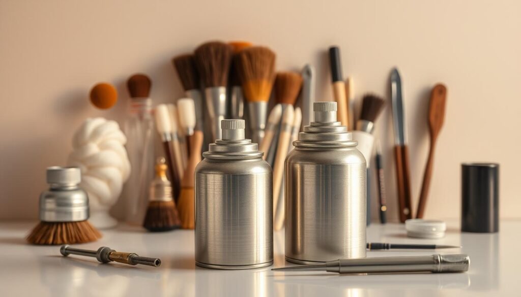 a detailed still life photograph of a set of compressed air canisters and other cleaning tools, arranged on a clean, minimalist table surface. The canisters are in the foreground, their metallic surfaces reflecting the soft lighting from above. Behind them, a collection of small brushes, cotton swabs, and other delicate tools are neatly organized, their textures and shapes creating visual interest. The background is simple and uncluttered, allowing the tools to be the focal point. The lighting is warm and diffused, creating a sense of serenity and focus. The overall mood is one of precision, care, and attention to detail, reflecting the specialized nature of the tools and their purpose.