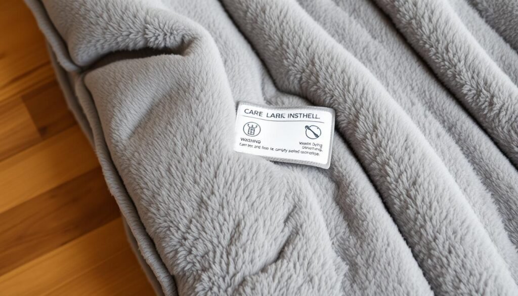 a high quality, detailed photograph of a care label attached to a soft, plush weighted blanket lying on a wooden surface. The blanket is medium gray in color and the care label is clearly visible, displaying washing and drying instructions. The lighting is soft and even, creating a warm, inviting atmosphere. The composition emphasizes the care label, with the blanket filling the frame to showcase the texture and weight of the material. The image is shot from a slightly elevated angle, providing a clear view of the label and the overall texture of the blanket. The background is blurred, keeping the focus on the key details of the care label and weighted blanket.