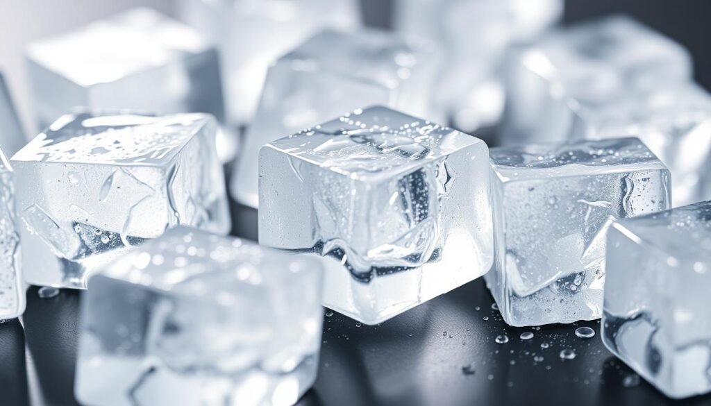 a high-quality macro photograph of crystal clear ice cubes, with sharp focus and perfect clarity, illuminated by soft, diffused natural lighting to showcase the intricate details and glassy transparency of the ice, set against a simple, minimalist background that allows the ice to be the central focus of the image, conveying a sense of purity, elegance, and the beauty of the material