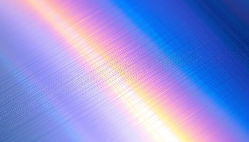 a highly detailed macro photograph of heat tinted stainless steel, captured with a high-resolution DSLR camera and a sharp macro lens. The surface shows a range of vivid colors including vibrant blue, purple, and golden hues, creating a mesmerizing iridescent pattern. The lighting is soft and even, highlighting the subtle textures and reflective qualities of the metal. The image is tightly framed, filling the frame with the intricate details of the heat tint, allowing the viewer to appreciate the unique visual qualities of this type of metal discoloration.