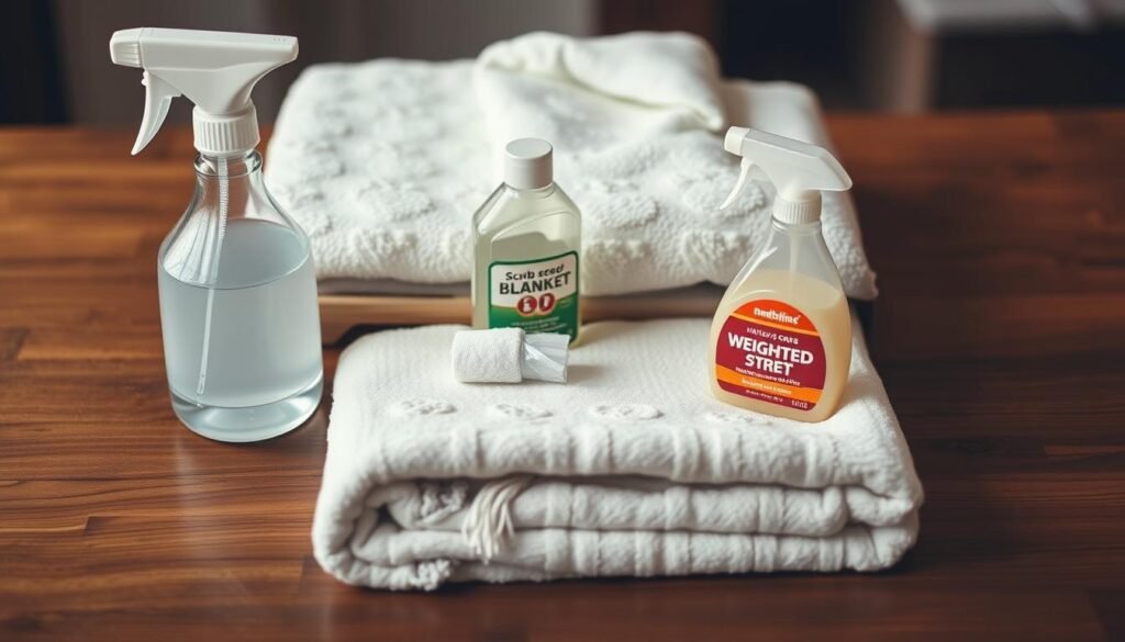 a neatly organized array of cleaning supplies on a wooden table, including a spray bottle, scrub brush, stain remover, and a folded white towel, all under soft, warm lighting that accentuates the textures and colors, creating a calming, inviting atmosphere for preparing to clean a weighted blanket