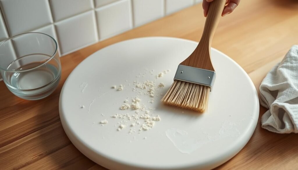a pristine white ceramic pizza stone on a wooden kitchen counter, with a soft, diffused natural light illuminating the scene. The stone's surface is being gently scrubbed with a coarse-bristled brush, removing any remnants of baked-on dough or toppings. Nearby, a small bowl of warm water and a clean, damp cloth stand ready to wipe the stone clean. The overall mood is one of methodical, thorough cleaning, with an emphasis on maintaining the stone's condition for future use.