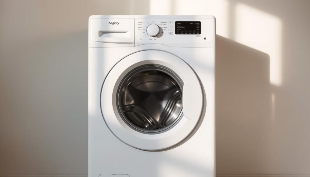 a pristine white washing machine set against a neutral background, with soft natural lighting casting gentle shadows. The machine is front-loading, with a large glass door revealing the swirling motion of the wash cycle. The control panel is prominently displayed, with sleek buttons and dials for selecting wash cycles and options. The overall scene conveys a sense of efficiency and cleanliness, perfectly suited for the "Machine and dishwasher options I use sparingly" section of the article.