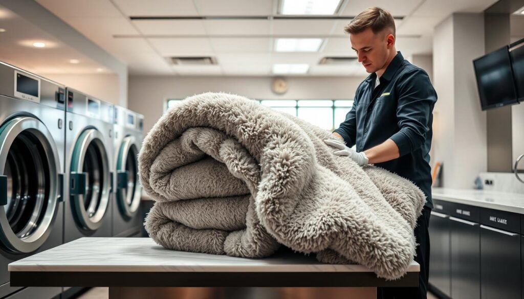 a professional dry cleaning service handling a large, plush weighted blanket with care, the interior of a high-end dry cleaning establishment with modern equipment and pristine countertops, warm studio lighting illuminating the scene, the blanket being gently inspected and prepared for cleaning by an experienced attendant wearing white gloves, conveying a sense of expertise and attention to detail in the professional care of specialized textile products