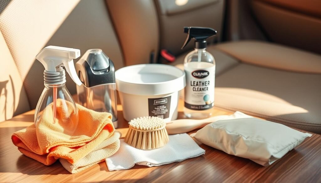 leather car seat cleaning supplies, arranged neatly on a clean, wooden surface. In the foreground, a spray bottle, microfiber cloths, and a soft-bristle brush. In the middle ground, a tub of leather conditioner and a small scrub brush. In the background, a bottle of leather cleaner and a plush, beige car seat. Soft, natural lighting illuminates the scene, casting warm shadows and highlighting the textures of the materials. The overall mood is one of practicality and efficiency, perfectly suited for the "Essential Cleaning Supplies" section of an article on cleaning leather car seats. leather car seat cleaning supplies, arranged neatly on a clean, wooden surface. In the foreground, a spray bottle, microfiber cloths, and a soft-bristle brush. In the middle ground, a tub of leather conditioner and a small scrub brush. In the background, a bottle of leather cleaner and a plush, beige car seat. Soft, natural lighting illuminates the scene, casting warm shadows and highlighting the textures of the materials. The overall mood is one of practicality and efficiency, perfectly suited for the "Essential Cleaning Supplies" section of an article on cleaning leather car seats.