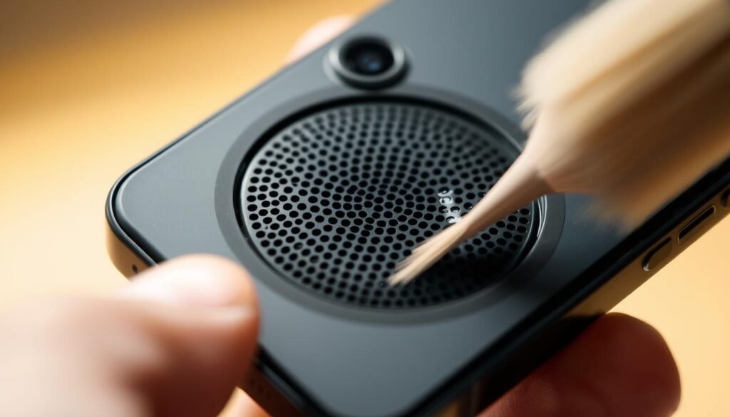 A close-up view of an iPhone's speaker grille, with a soft-bristled brush gently cleaning the intricate mesh pattern. Warm, diffused lighting illuminates the scene, highlighting the fine details and textures of the speaker's surface. The iPhone is held at a slight angle, providing a clear and unobstructed view of the cleaning process. The overall mood is one of meticulous attention to detail and careful maintenance, conveying the importance of properly caring for the device's audio components.
