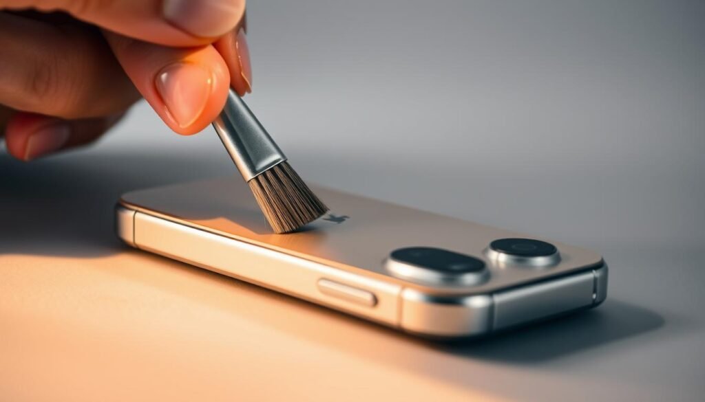 An ultra-detailed close-up of a person's hand using a small brush to gently clean the speaker grille on a silver iPhone against a soft gray background. The lighting is warm and even, casting subtle shadows that accentuate the intricate texture of the phone's surface and the bristles of the brush. The angle emphasizes the delicate, focused nature of the task, with the speaker grille filling the frame and the hand occupying the foreground. An atmosphere of careful attention and precision pervades the scene.