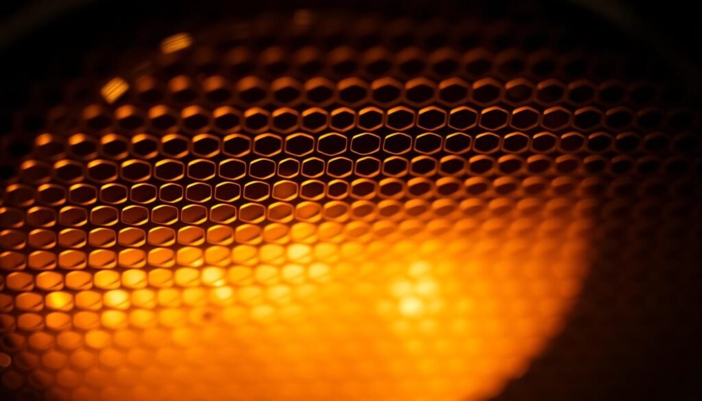 Prompt A close-up view of the speaker grille on an iPhone, illuminated by a soft, warm light. The intricate mesh pattern is clearly visible, with individual perforations and tiny gaps that allow sound to pass through. The focus is on the limits of cleaning, with a subtle haze or blurring effect to suggest the delicate nature of the speaker's components. The background is slightly out of focus, but just enough to draw the viewer's attention to the speaker's details and the challenges of maintaining its pristine condition. The overall mood is one of technical precision and the need for cautious, meticulous care when cleaning this critical component.