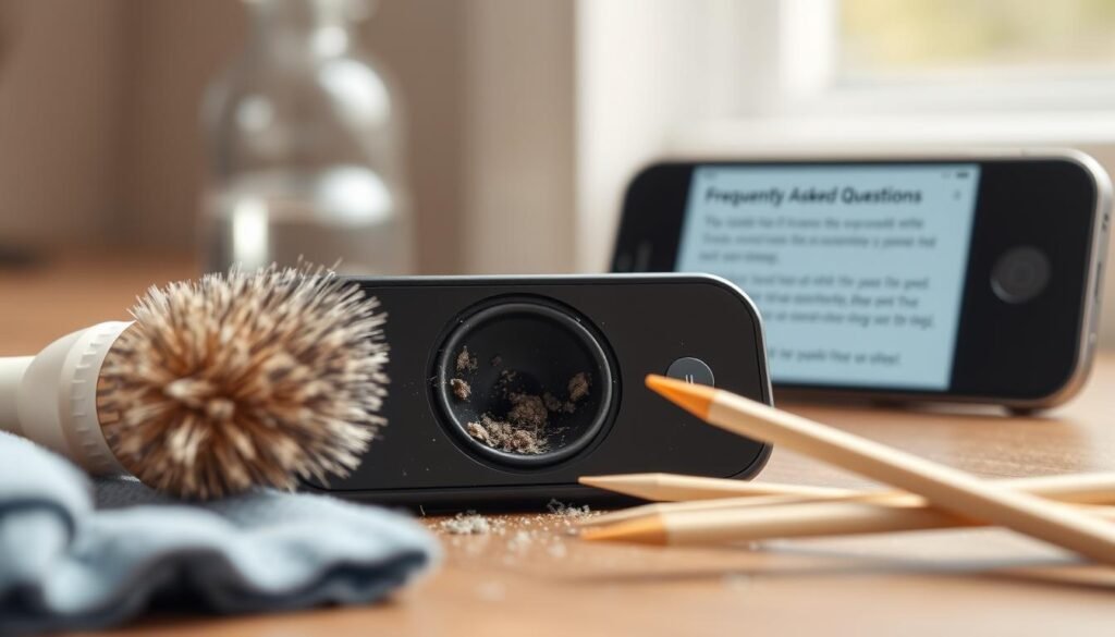 a highly detailed, photorealistic image of various iPhone speaker cleaning methods, shot in soft natural lighting with a shallow depth of field. In the foreground, a selection of cleaning tools are neatly arranged, including a soft-bristled brush, microfiber cloth, and a wooden toothpick. The middle ground features a closeup view of an iPhone's speaker grill, with dust and debris visibly accumulated. In the background, a blurred iPhone displays a "Frequently Asked Questions" screen, subtly hinting at the context of the image. The overall mood is one of informative clarity, inviting the viewer to explore effective techniques for maintaining their iPhone's speaker.