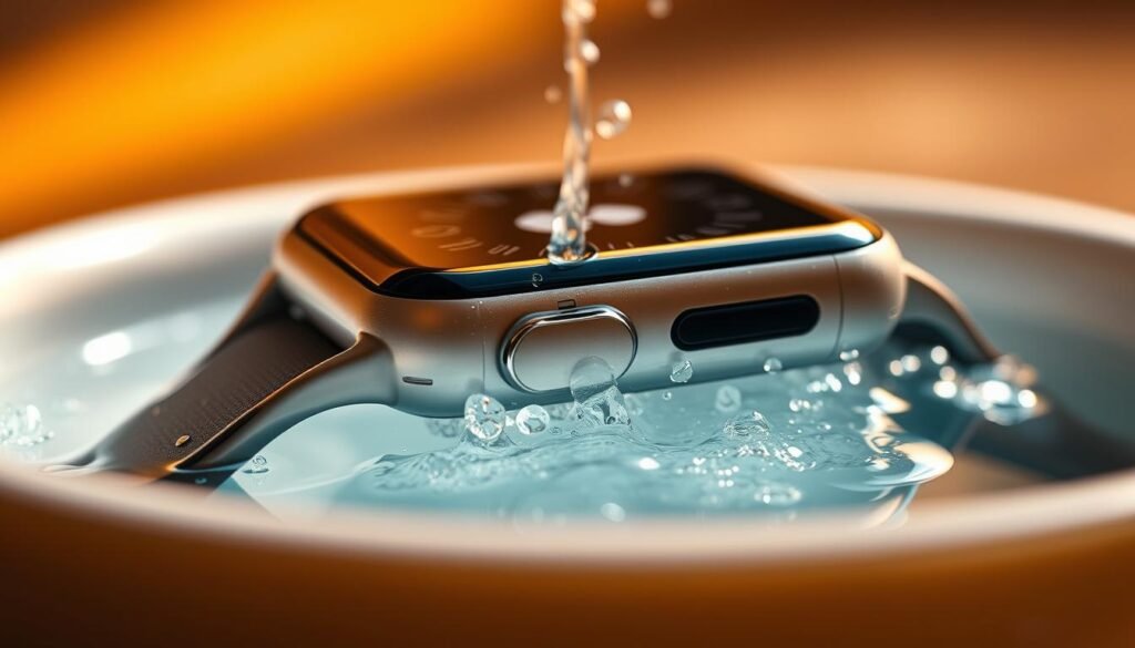 A close-up view of an Apple Watch band being refreshed under warm, ambient lighting. The band is partially submerged in a shallow bowl of clean, gently bubbling water, releasing a fresh, invigorating scent. Tiny droplets cling to the band's surface, reflecting the light in a sparkling, crystalline way. The band's material appears soft and supple, freshly cleaned and restored to its original vibrant hue. The scene exudes a sense of rejuvenation and renewed vitality, perfectly capturing the essence of "Refreshing Your Watch Band Smell".