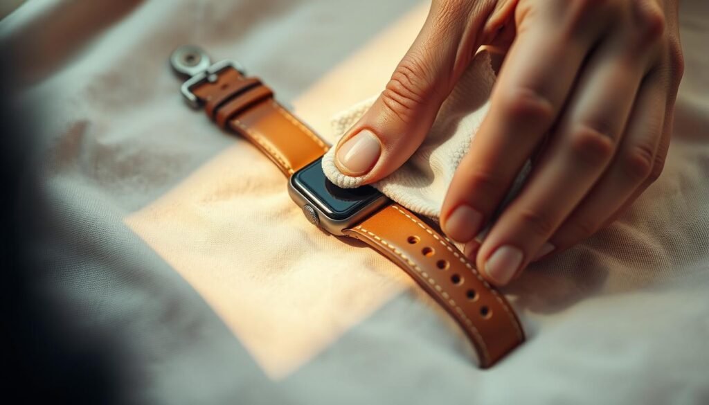 A meticulously detailed close-up shot of a person's hands gently cleaning a leather Apple Watch band. The band is placed on a soft, light-colored cloth surface. Soft, warm lighting illuminates the scene, highlighting the natural texture and grain of the leather. The fingers delicately wipe the band with a microfiber cloth, removing any dirt or smudges. The focus is sharp, capturing every subtle nuance of the cleaning process. The overall mood is one of care and attention to detail, reflecting the importance of maintaining the pristine appearance of a leather Apple Watch band.