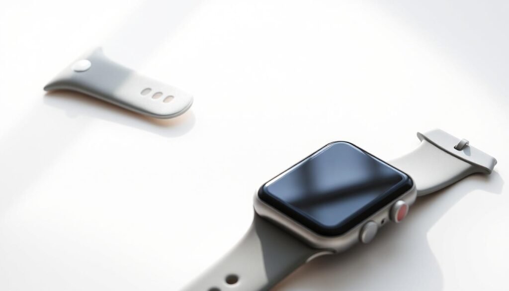 A pristine Apple Watch band resting on a clean, white background, with gentle shadows casting a soft, natural light. The band's surface reflects the light, showcasing its smooth, unblemished texture and sleek, contemporary design. In the foreground, the watch face is positioned at a slight angle, the screen displaying a clear, unobstructed view. The overall composition conveys a sense of care, attention to detail, and the importance of maintaining the Apple Watch's appearance for a polished, professional look.